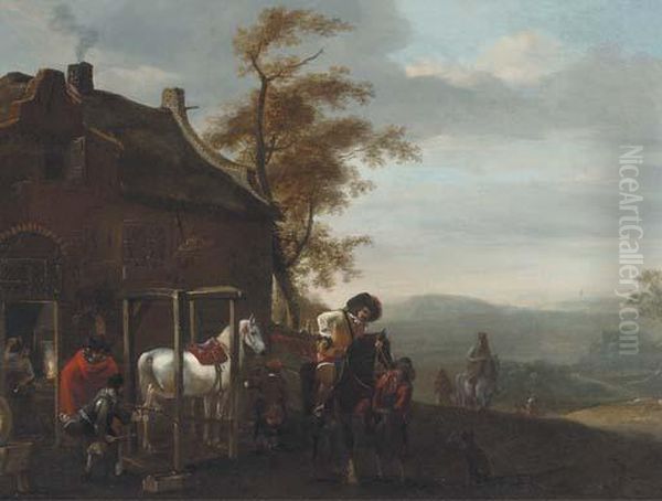 Cavalrymen At A Forge Oil Painting by Pieter Wouwermans or Wouwerman