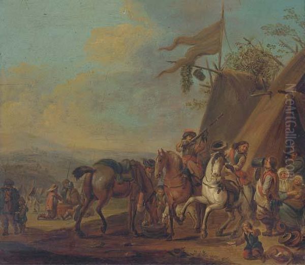 Cavalrymen Halting At An Encampment Oil Painting by Pieter Wouwermans or Wouwerman