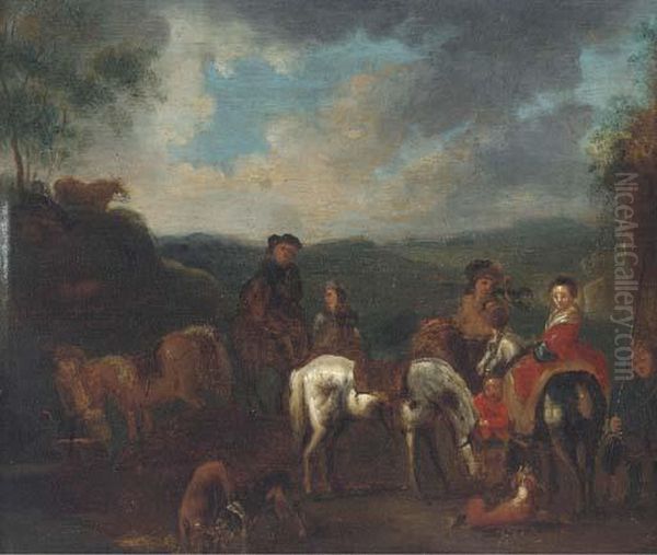 A Hawking Party Halted In A Landscape Oil Painting by Pieter Wouwermans or Wouwerman