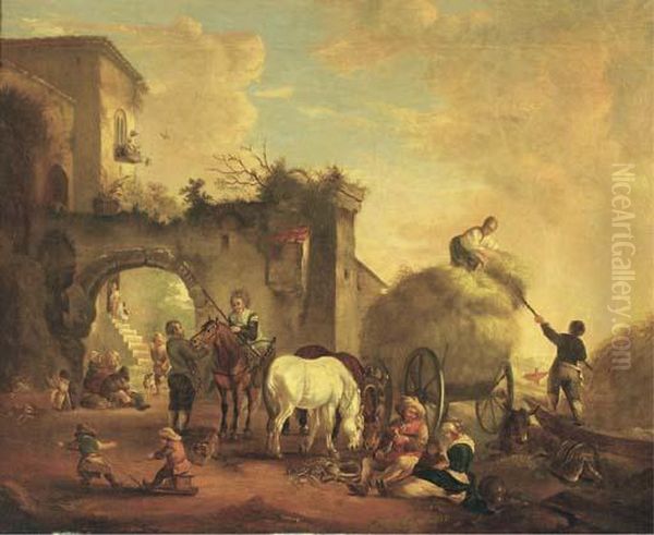 A Village Scene With A Hay Cart Oil Painting by Pieter Wouwermans or Wouwerman