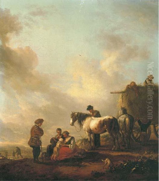 Figures Resting Before A Haycart Oil Painting by Pieter Wouwermans or Wouwerman