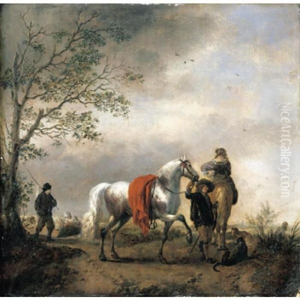 A Cavalier Holding A Dappled 
Grey Horse Together With A Mounted Lady, Dogs And Other Figures In A 
Landscape Oil Painting by Pieter Wouwermans or Wouwerman