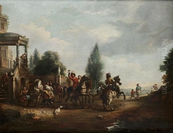 An Elegant Hunting Party Resting
 Before Ruins; And An Elegant Company Departing For The Hunt Oil Painting by Pieter Wouwermans or Wouwerman