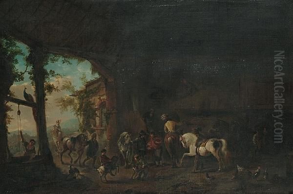 Horsemen And Boys In A Barn Interior, A Landscape Beyond Oil Painting by Pieter Wouwermans or Wouwerman