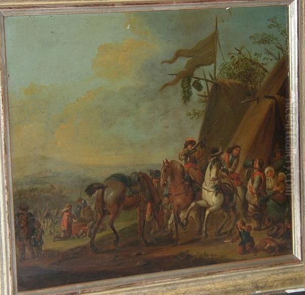 A Military Encampment Oil Painting by Pieter Wouwermans or Wouwerman