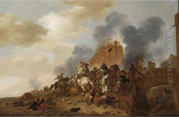 A Cavalry Battle Scene With Soldiers Fighting On A Bridge Near Burning Ruins Oil Painting by Pieter Wouwermans or Wouwerman