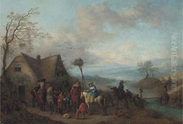 A Hawking Party Oil Painting by Pieter Wouwermans or Wouwerman