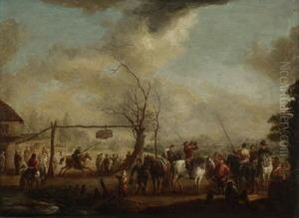 Reiterspiel Auf Einem
 Dorfplatz. Oil Painting by Pieter Wouwermans or Wouwerman