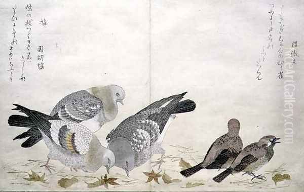 Three Pigeons and two Finches, from an album 'Birds compared in Humorous Songs', 1791 Oil Painting by Kitagawa Utamaro