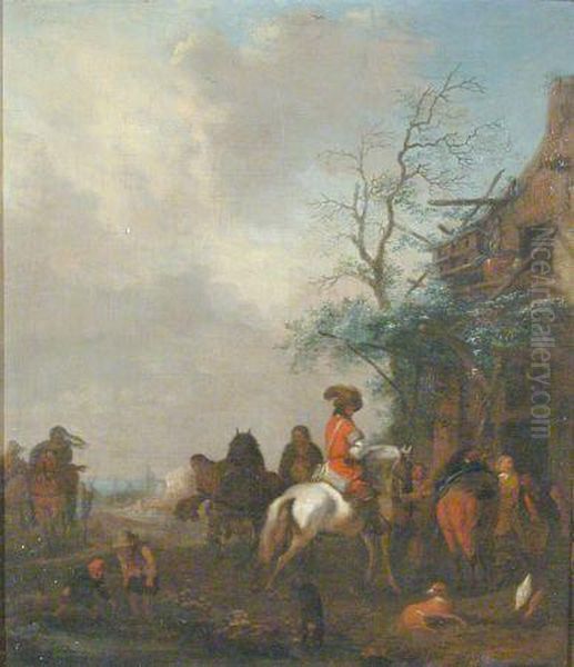 Figures Outside A Tavern Oil Painting by Pieter Wouwermans or Wouwerman