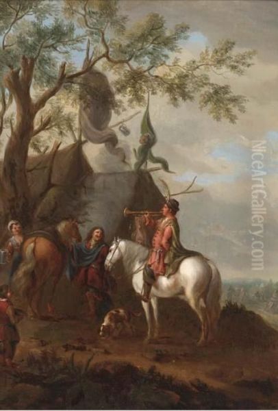 A Trumpeter At A Cavalry Encampment Oil Painting by Pieter Wouwermans or Wouwerman