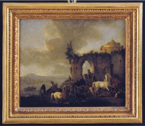 Cavalli Al Bagno Oil Painting by Pieter Wouwermans or Wouwerman