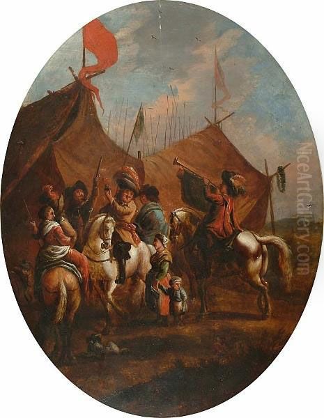 A Military Encampment Oil Painting by Pieter Wouwermans or Wouwerman