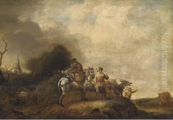 A Landscape With Travellers Halted On A Track Oil Painting by Pieter Wouwermans or Wouwerman