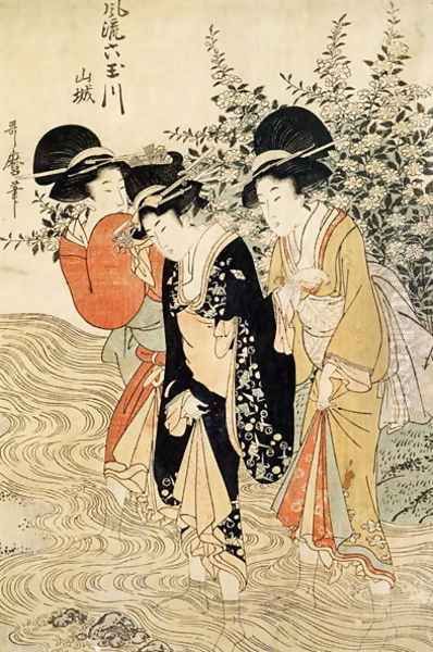 Three girls paddling in a river, from the Fashionable Six Jewelled Rivers, Yamashiro Province, pub. 1790, Oil Painting by Kitagawa Utamaro