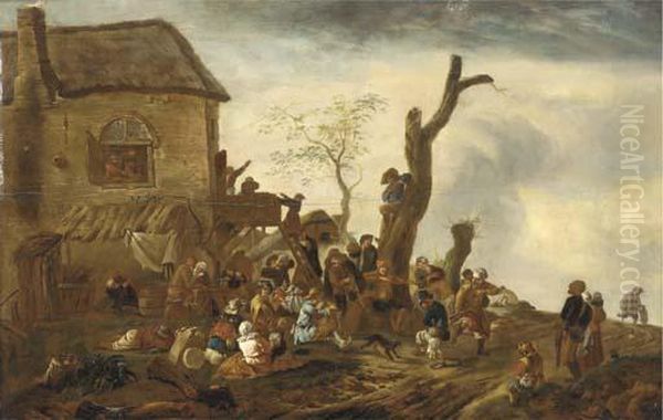 Peasants Making Merry By A Cottage Oil Painting by Pieter Wouwermans or Wouwerman