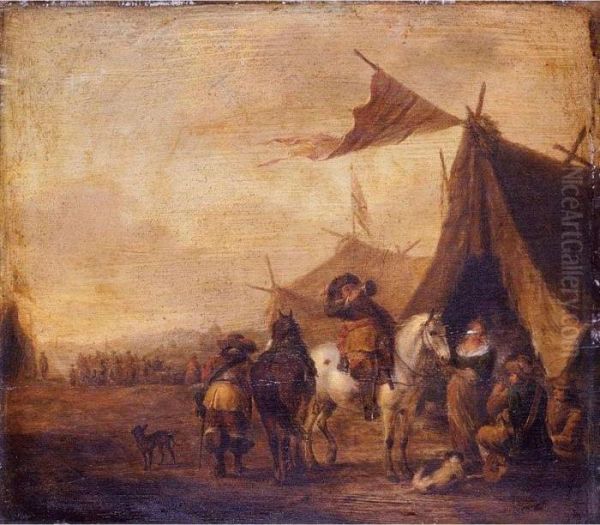 A Military Encampment With A Mounted Trumpeter By A Tent Oil Painting by Pieter Wouwermans or Wouwerman