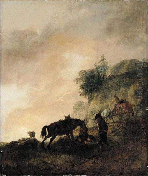 A Landscape With Travellers And A Horse Resting Beside A Road Oil Painting by Pieter Wouwermans or Wouwerman