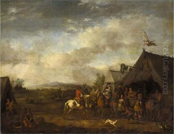 A Military Encampment Oil Painting by Pieter Wouwermans or Wouwerman