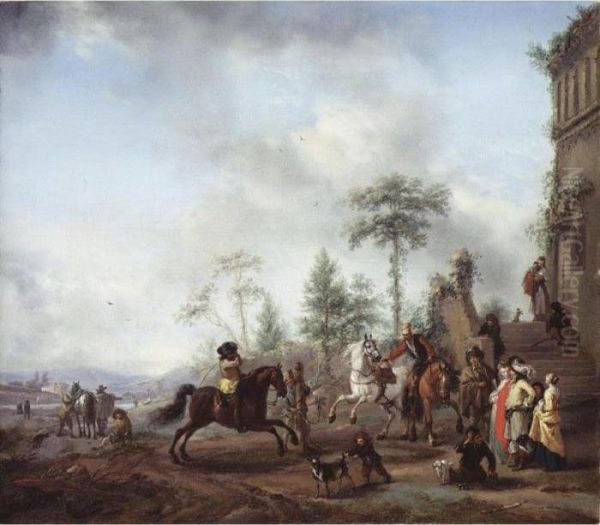 An Italianate Landscape With A 
Young Man In A Yellow Coat Riding On A Bay, Watched By An Elegant 
Couple, A Groom With Two Young Horses And Other Figures Oil Painting by Pieter Wouwermans or Wouwerman