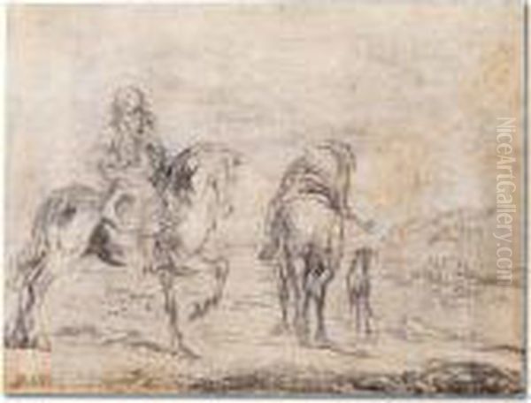 Two Men On Horseback With A Dog Oil Painting by Pieter Wouwermans or Wouwerman