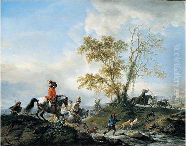 Signed In Monogram Lower Left Oil Painting by Pieter Wouwermans or Wouwerman