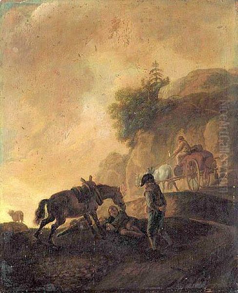 Dwaj Zolnierze Z Koniem Przy Gorskiej Drodze Oil Painting by Pieter Wouwermans or Wouwerman