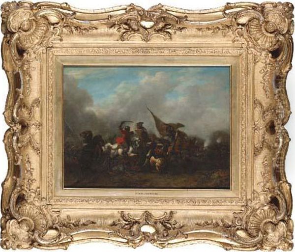 A Cavalry Skirmish Oil Painting by Pieter Wouwermans or Wouwerman