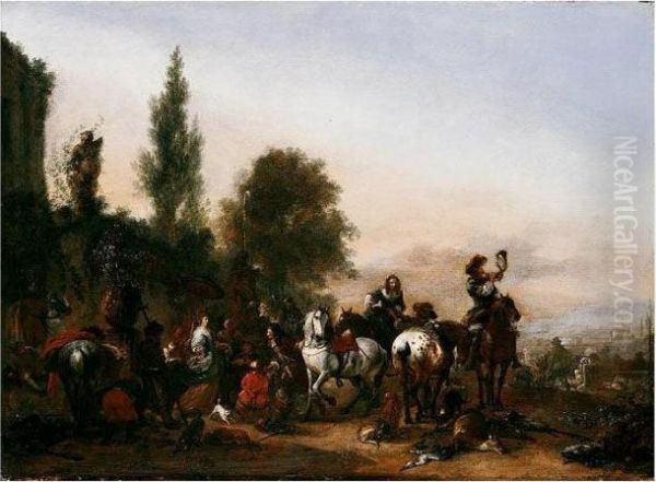 An Elegant Company Resting After A Hunt Oil Painting by Pieter Wouwermans or Wouwerman