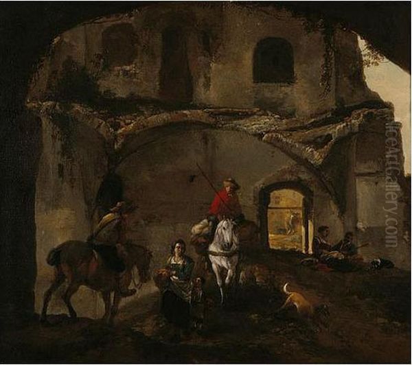 An Italianate Landscape With Two Riders And Other Figures Beneath Ruined Buildings Oil Painting by Pieter Wouwermans or Wouwerman