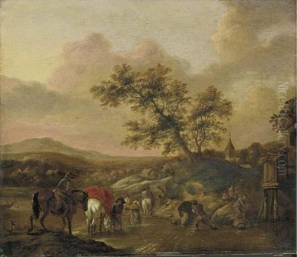 An Extensive Landscape With Travelers On Horseback Crossing A River Oil Painting by Pieter Wouwermans or Wouwerman