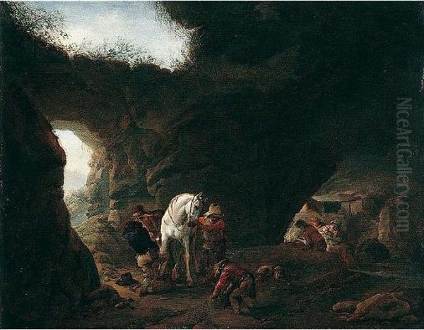 A Forge In A Cavern, With A Grey Being Shod Oil Painting by Pieter Wouwermans or Wouwerman