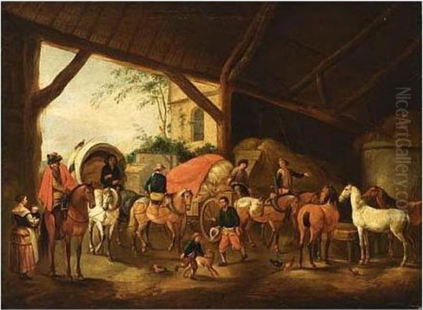 A Stable Interior With A Horse-drawn Carriage And A Horse-drawn Cart Oil Painting by Pieter Wouwermans or Wouwerman