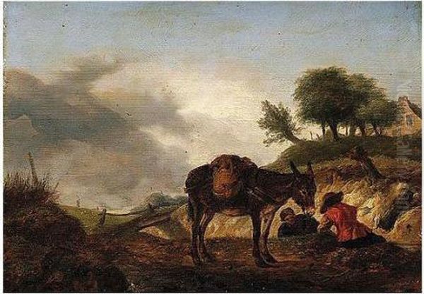 Dune Landscape With Riders And A Mule Resting On A Track Oil Painting by Pieter Wouwermans or Wouwerman