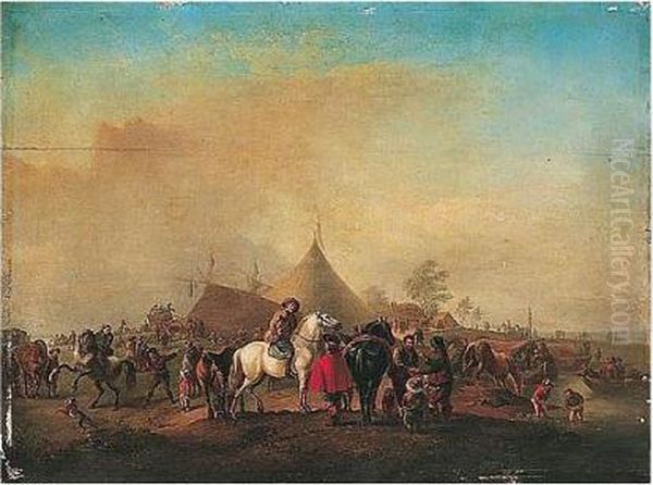 A Military Encampment With Horsemen And Other Figures Beside A River Oil Painting by Pieter Wouwermans or Wouwerman