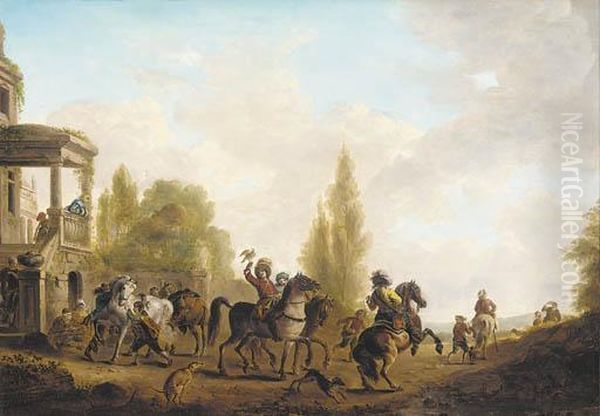 A Hawking Party Oil Painting by Pieter Wouwermans or Wouwerman