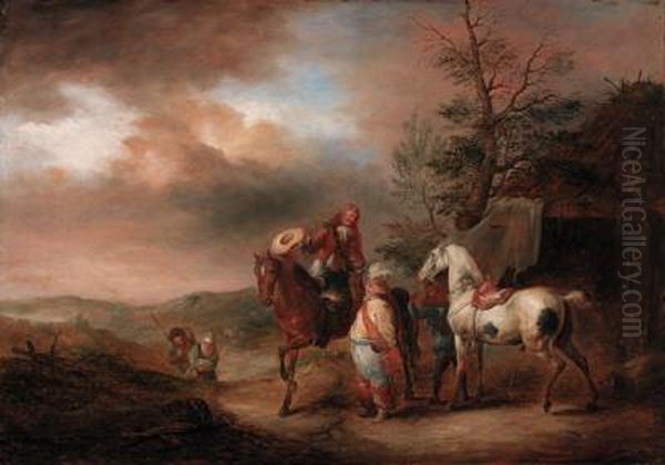 Huntsmen Resting Their Horses Oil Painting by Pieter Wouwermans or Wouwerman