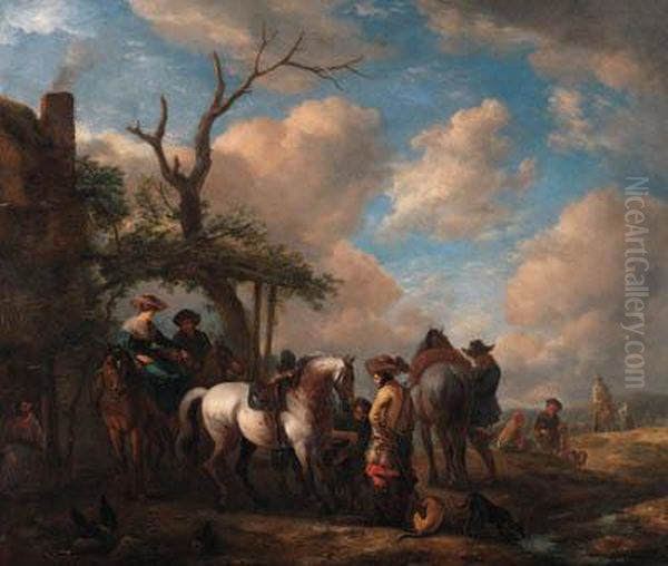 Travellers Halting By A Forge Oil Painting by Pieter Wouwermans or Wouwerman