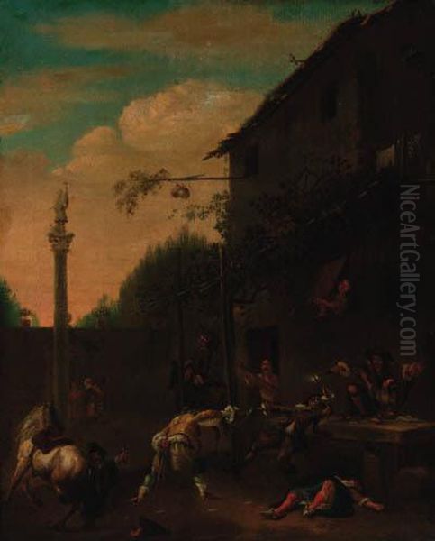 A Street Fight Outide A Tavern Oil Painting by Pieter Wouwermans or Wouwerman