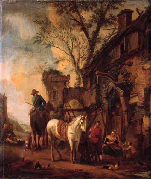 Travellers Resting Before An Inn Oil Painting by Pieter Wouwermans or Wouwerman