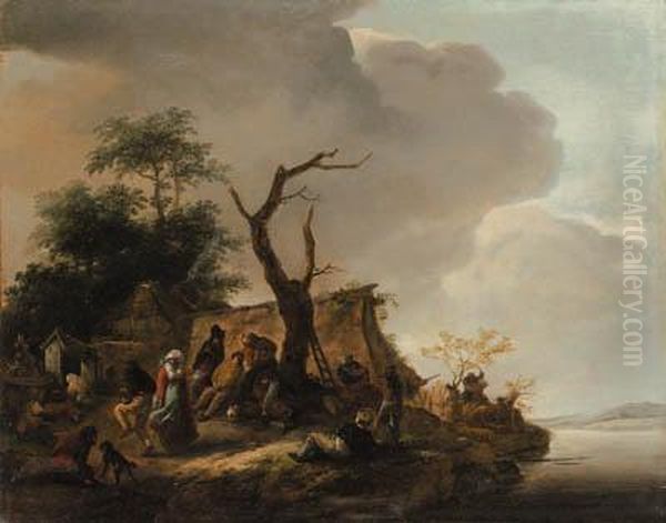 Peasants Merrymaking By A River Oil Painting by Pieter Wouwermans or Wouwerman