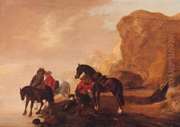 Horsemen Crossing A River In A Rocky Landscape Oil Painting by Pieter Wouwermans or Wouwerman