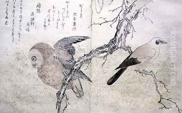 Jay on the right and an Owl on the left, from an album Birds compared in Humorous Songs, 1791 Oil Painting by Kitagawa Utamaro