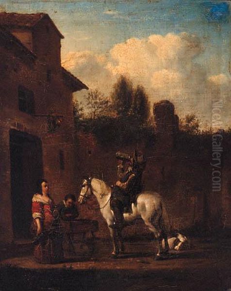 A Horseman Taking Refreshment In A Courtyard Oil Painting by Pieter Wouwermans or Wouwerman