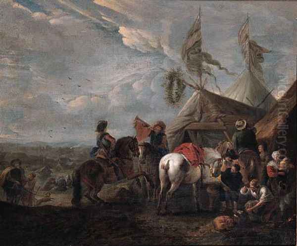 Heralds Halting At A Blacksmith's Near An Encampment Oil Painting by Pieter Wouwermans or Wouwerman