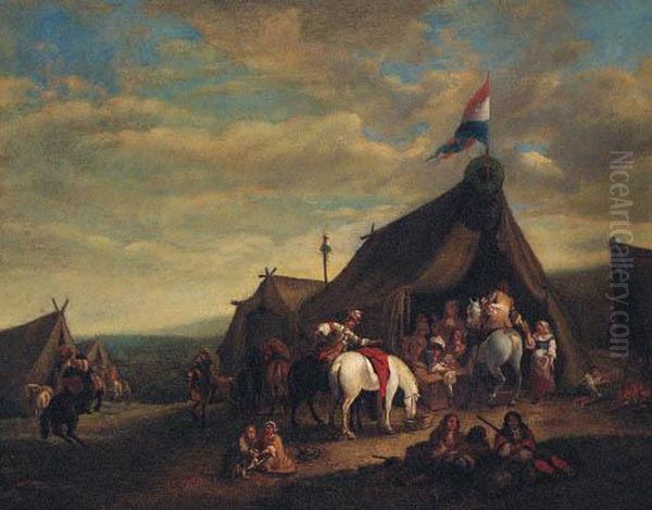 A Cavalry Encampment Oil Painting by Pieter Wouwermans or Wouwerman