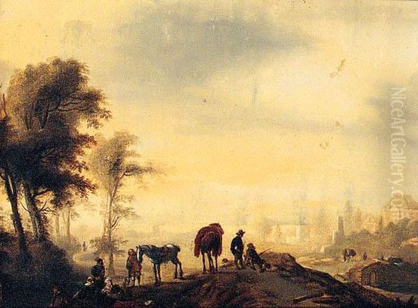 Figures Resting On A Track, With A Town Beyond Oil Painting by Pieter Wouwermans or Wouwerman