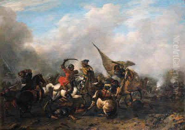 A Cavalry Skirmish Oil Painting by Pieter Wouwermans or Wouwerman