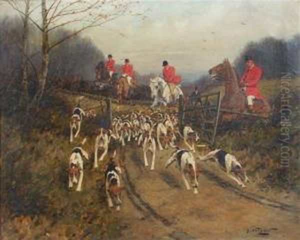 On The Scent, Huntsmen And Hounds On The Chase Oil Painting by George Wright