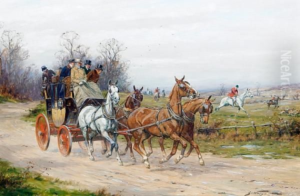 A Stagecoach Drawing Alongside A Hunt Oil Painting by George Wright